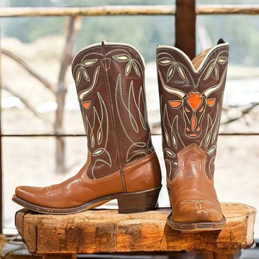 Women’s Size 7 M - 1960’s Acme Cowboy Western Boots Bull Head Inlays